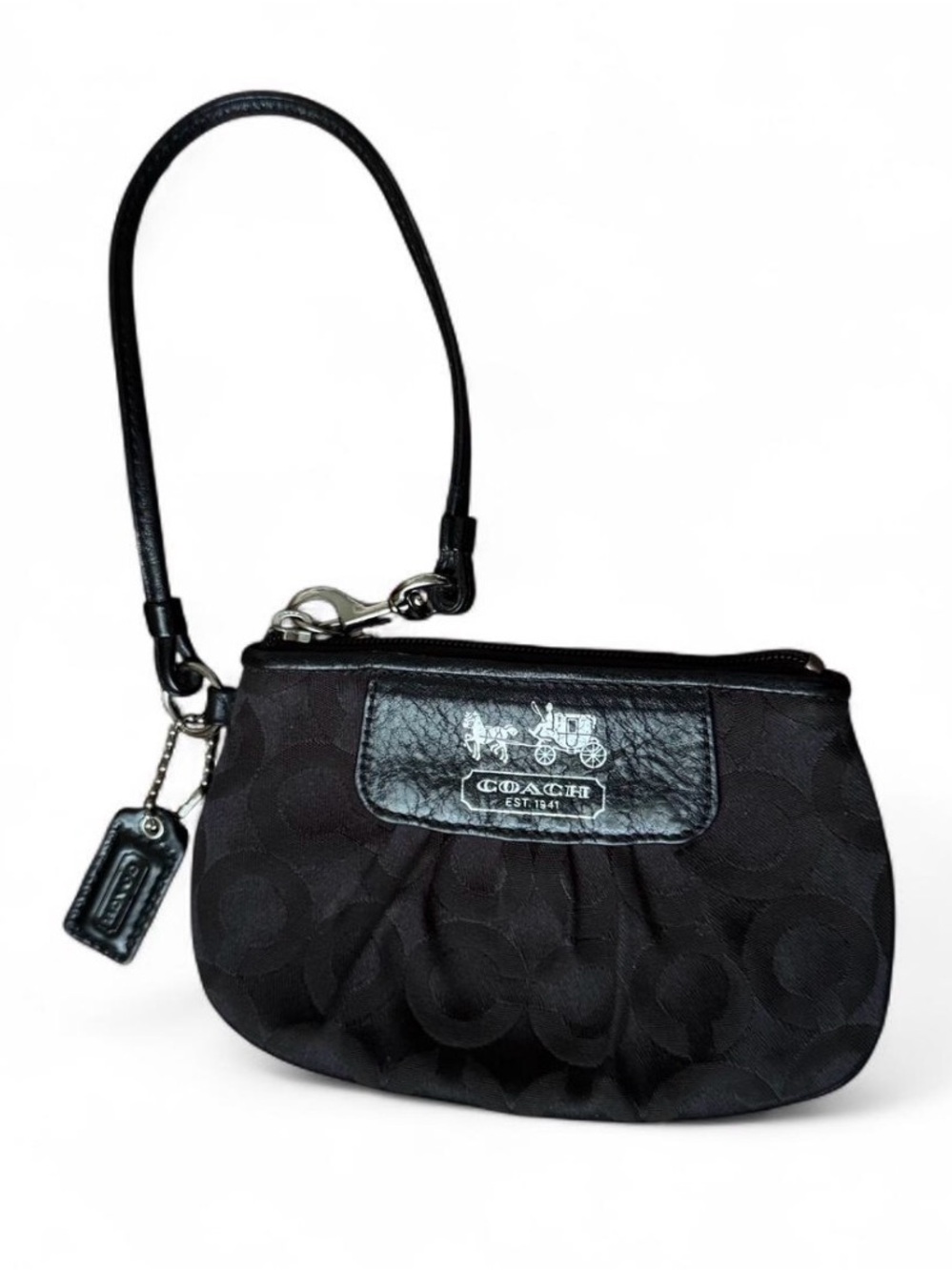 Coach Black Signature Wristlet - Coach Logo Leather Trim